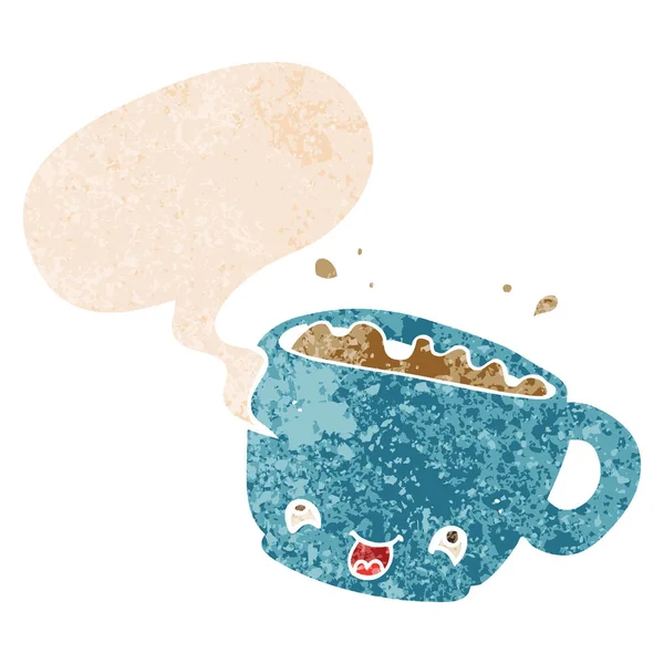 Tecknad kopp kaffe och pratbubbla i retro texturerat stil — Stock vektor