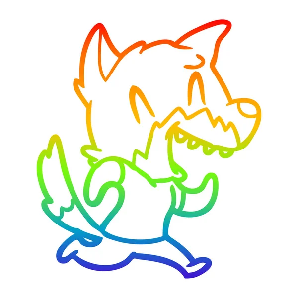 Rainbow gradient line drawing laughing fox running away — Stock Vector