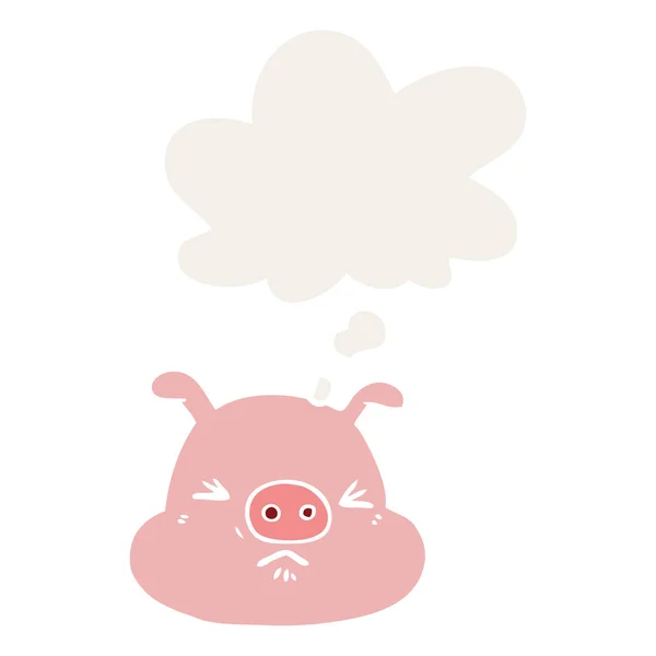 Wajah babi pemarah kartun dan pikiran gelembung dalam gaya retro - Stok Vektor