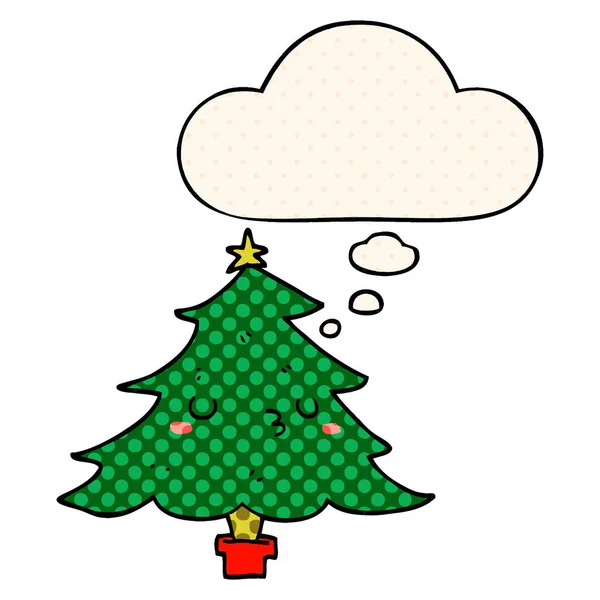 Aranyos karikatúra karácsonyfa és a gondolat buborék képregény STY — Stock Vector