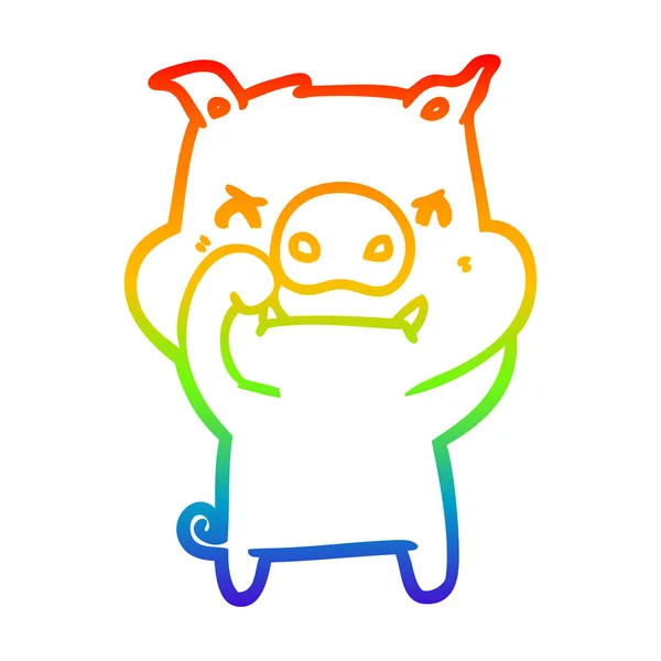 Rainbow gradient ligne dessin en colère dessin animé cochon — Image vectorielle