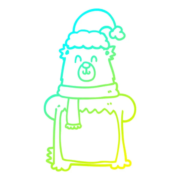 Linha gradiente frio desenho urso dos desenhos animados usando chapéu de Natal — Vetor de Stock