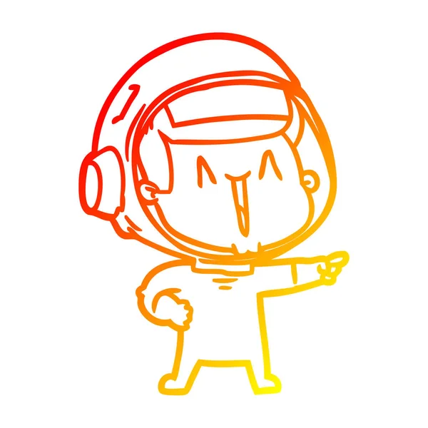 Línea de gradiente caliente dibujo dibujos animados feliz astronauta señalando — Vector de stock