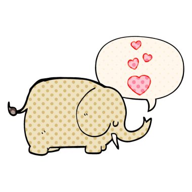 sevimli karikatür fil ve aşk kalpleri ve komik konuşma balonu