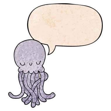 retro doku tarzında sevimli karikatür denizanası ve konuşma balonu