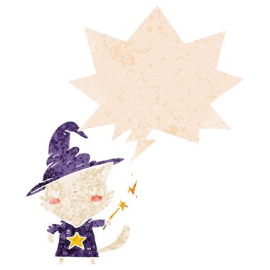 retro dokulu tarzı karikatür kedi sihirbazı ve konuşma balonu