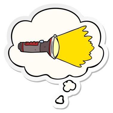 karikatür elektrikli meşale ve baskılı bir etiket olarak kabarcık düşünce