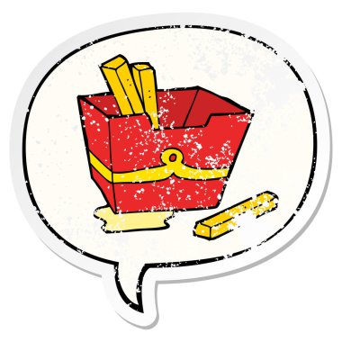 patates kızartması ve konuşma balonu sıkıntılı etiket karikatür kutusu