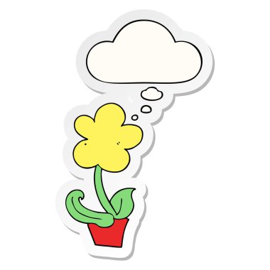 sevimli karikatür çiçek ve baskılı bir etiket olarak kabarcık düşünce