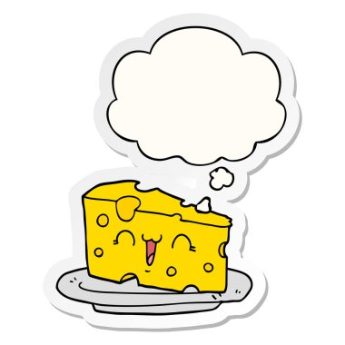 sevimli karikatür peynir ve baskılı bir etiket olarak kabarcık düşünce