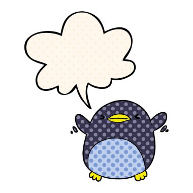 komik b sevimli karikatür penguen kanatlar ve konuşma balonu çırpma