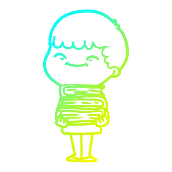 Froid dégradé ligne dessin dessin animé heureux garçon avec des livres — Image vectorielle
