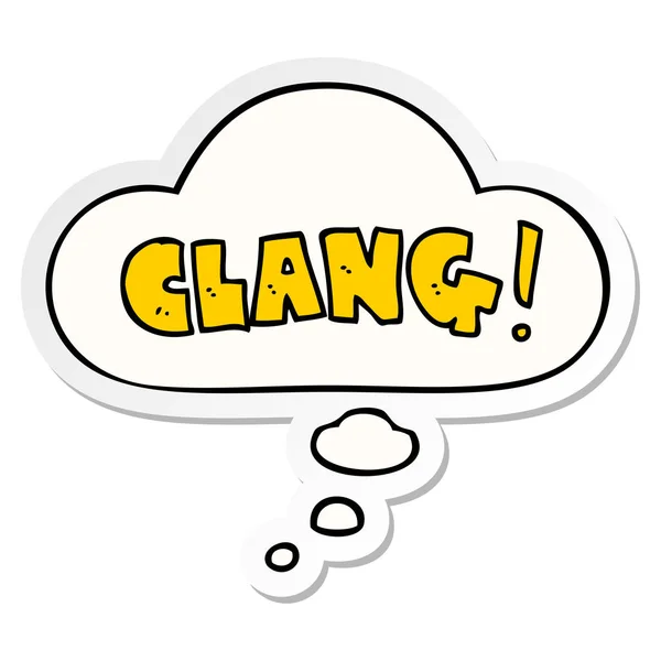 Cartoon słowo Clang i Bubble myśli jak drukowane naklejki — Wektor stockowy
