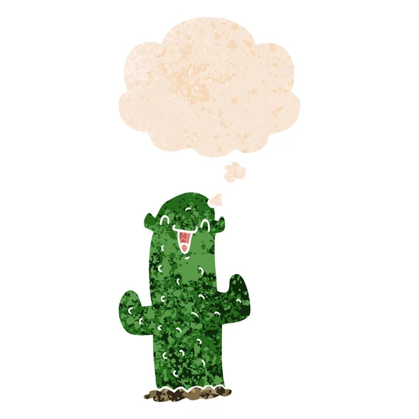 Cactus de dibujos animados y burbuja de pensamiento en estilo retro texturizado — Vector de stock