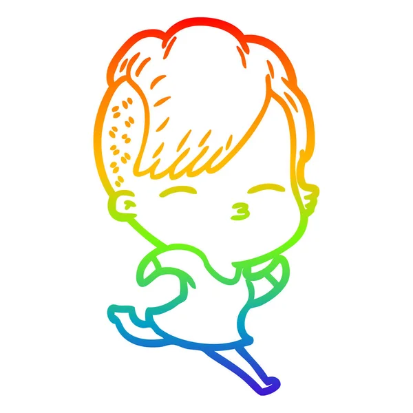 Arco iris gradiente línea dibujo dibujos animados entrecerrar los ojos chica corriendo — Vector de stock