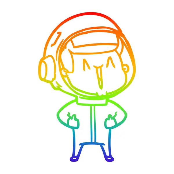 Regenbogen-Gradientenlinie zeichnet glücklichen Cartoon-Astronauten — Stockvektor