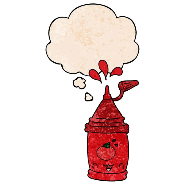 Botella de ketchup de dibujos animados y burbuja de pensamiento en textura grunge patt — Vector de stock