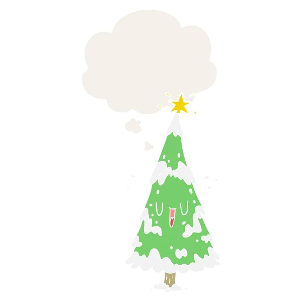 Arbre de Noël dessin animé et bulle de pensée dans le style rétro — Image vectorielle