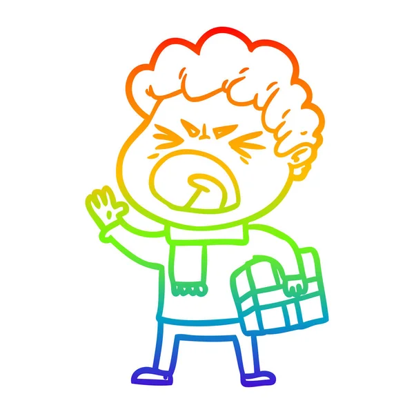 Rainbow gradient line drawing cartoon furious man — Stock Vector