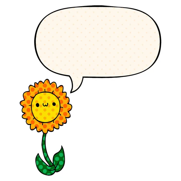 Cartoon flower and speech bubble in comic book style — Stock Vector