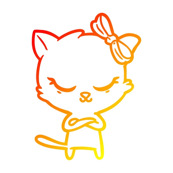 Línea de gradiente caliente dibujo lindo gato de dibujos animados con arco — Archivo Imágenes Vectoriales