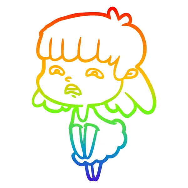 Arco iris gradiente línea dibujo dibujos animados mujer preocupada — Vector de stock