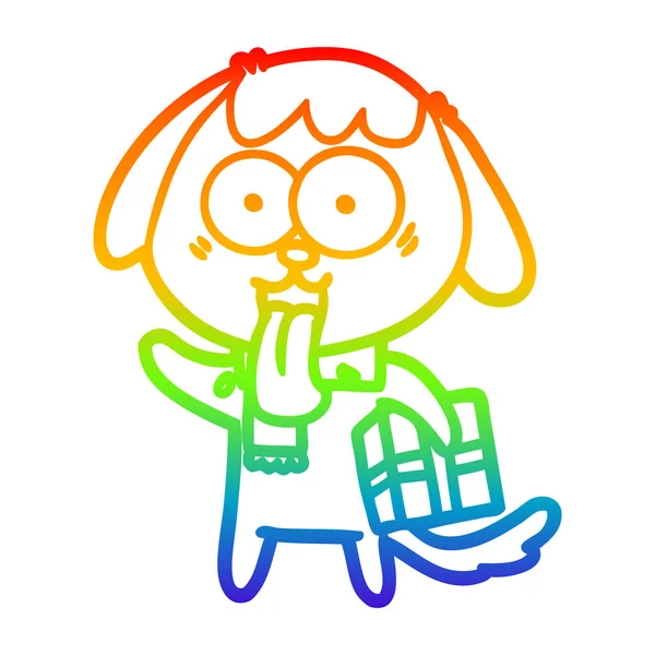 Rainbow gradient ligne dessin mignon chien dessin animé avec noël pr — Image vectorielle
