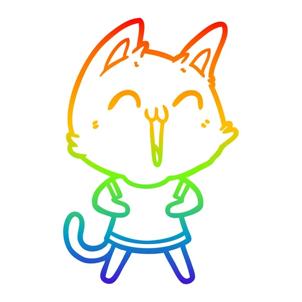 Regenbogen-Gradienten-Linie zeichnet glücklich Cartoon-Katze — Stockvektor
