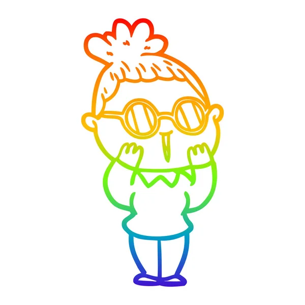 Rainbow gradient linje ritning tecknad kvinna bär glasögon — Stock vektor