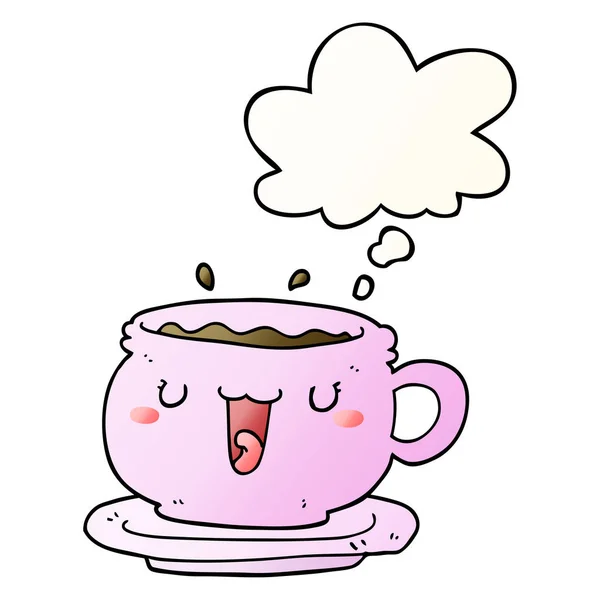 Tasse de dessin animé mignon et soucoupe et bulle de pensée dans un gradien lisse — Image vectorielle