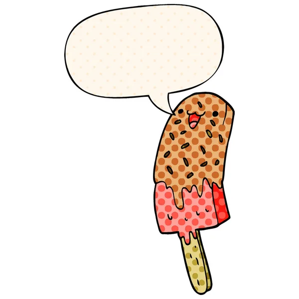 Netter Cartoon Happy Ice Lolly und Sprechblase im Comic — Stockvektor