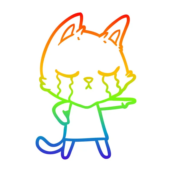 Regenbogen-Gradienten-Linie Zeichnung weinende Cartoon-Katze im Kleid pointi — Stockvektor