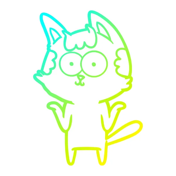 Linea gradiente freddo disegno felice cartone animato gatto scuotendo; spalle — Vettoriale Stock