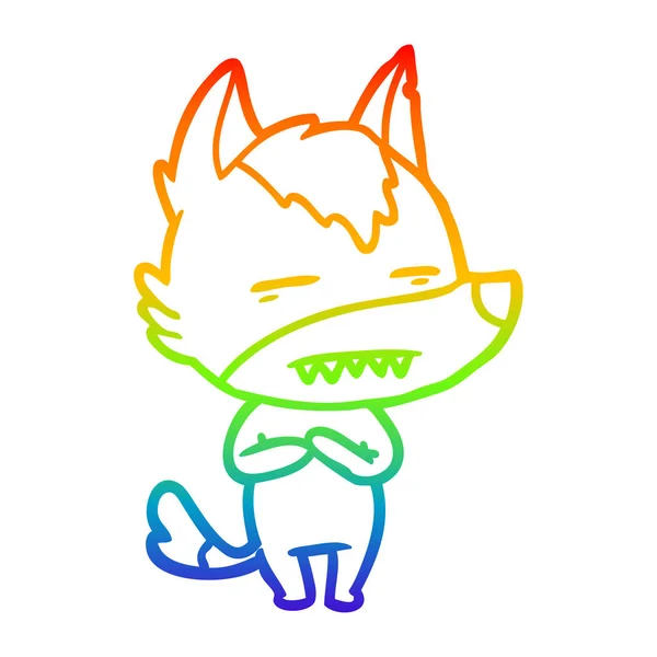 Regenboog gradiënt lijntekening cartoon Wolf tonen tanden — Stockvector