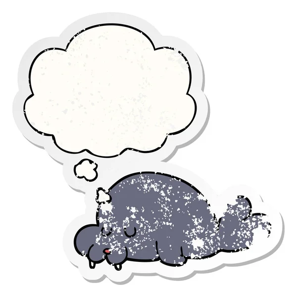 Kartun walrus dan berpikir gelembung sebagai stiker tertekan usang - Stok Vektor
