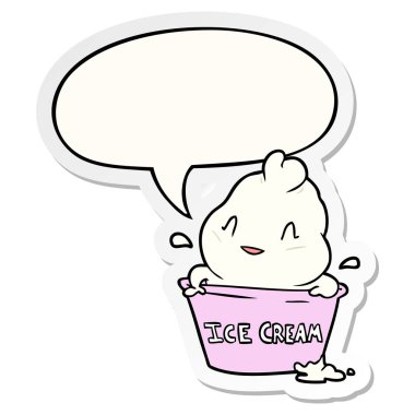 sevimli karikatür dondurma ve konuşma kabarcık etiket