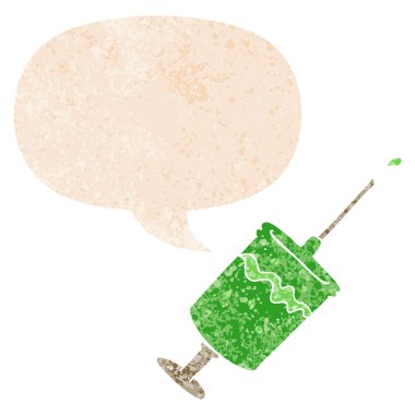 retro dokulu tarzda karikatür şırınga iğne ve konuşma balonu