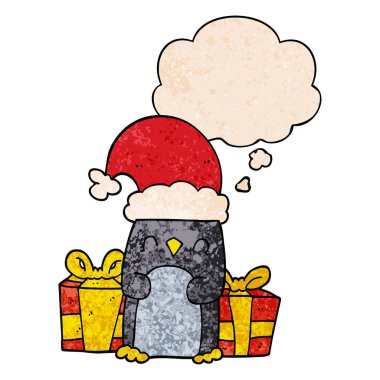 sevimli noel penguen ve grunge doku patt düşünce kabarcık