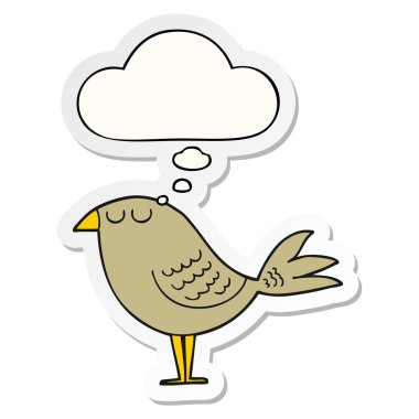 karikatür kuş ve baskılı bir etiket olarak kabarcık düşünce