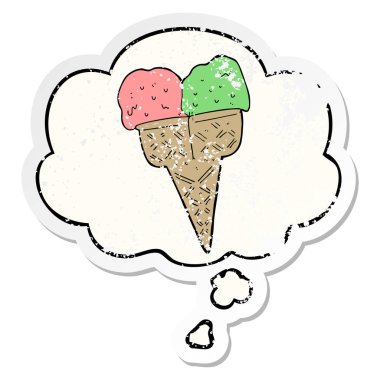 karikatür dondurma ve sıkıntılı yıpranmış sticke olarak kabarcık düşünce