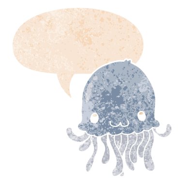 retro dokulu tarzda karikatür denizanası ve konuşma balonu