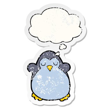 karikatür penguen ve sıkıntılı yıpranmış etiket olarak kabarcık düşünce