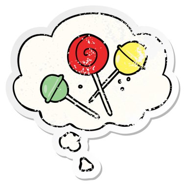 karikatür lolipop ve sıkıntılı yıpranmış etiket olarak kabarcık düşünce