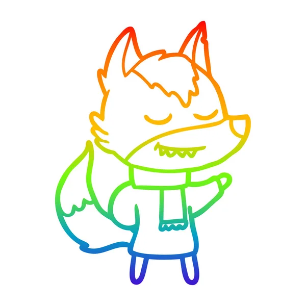 彩虹渐变线绘制友好的卡通狼穿着疤痕 — 图库矢量图片