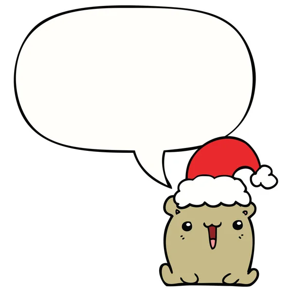 Милый мультяшный медведь и рождественская шляпа и пузырь речи — стоковый вектор