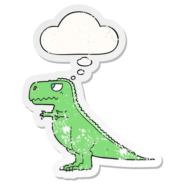 Kreslený dinosaurus a myšlenková bublina jako otřesený opotřebovaný štítek — Stockový vektor