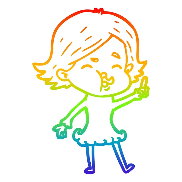 Rainbow gradient line drawing cartoon girl pulling face — Stock Vector