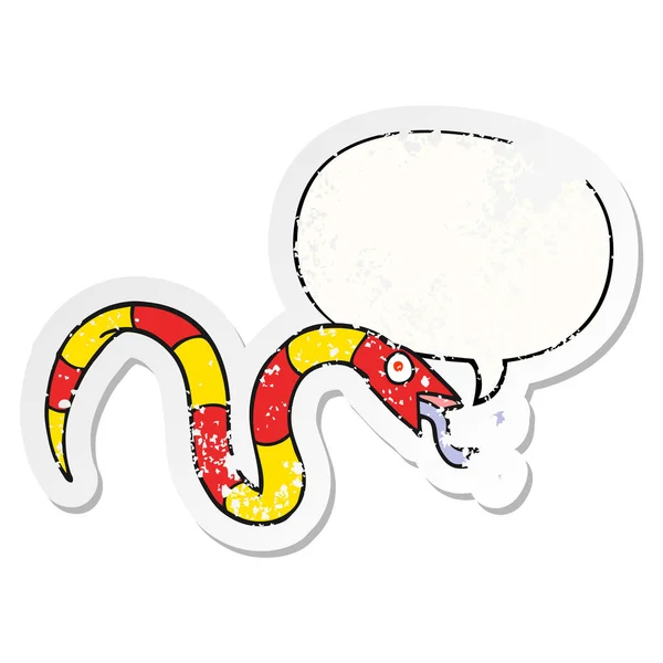 Hissing cartoon snake and speech bubble distressed sticker — Stock Vector