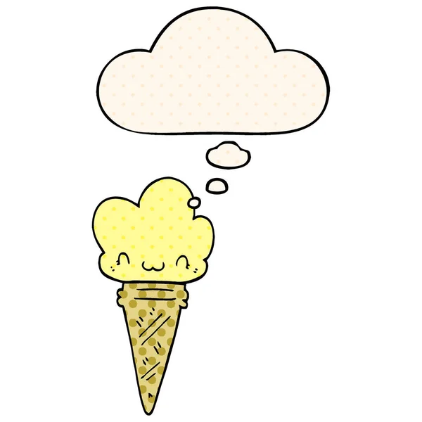 Kreslená zmrzlina s obličejem a myšlenková bublina v komiksových styku — Stockový vektor