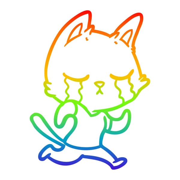 Linea gradiente arcobaleno disegno pianto cartone animato gatto scappando — Vettoriale Stock